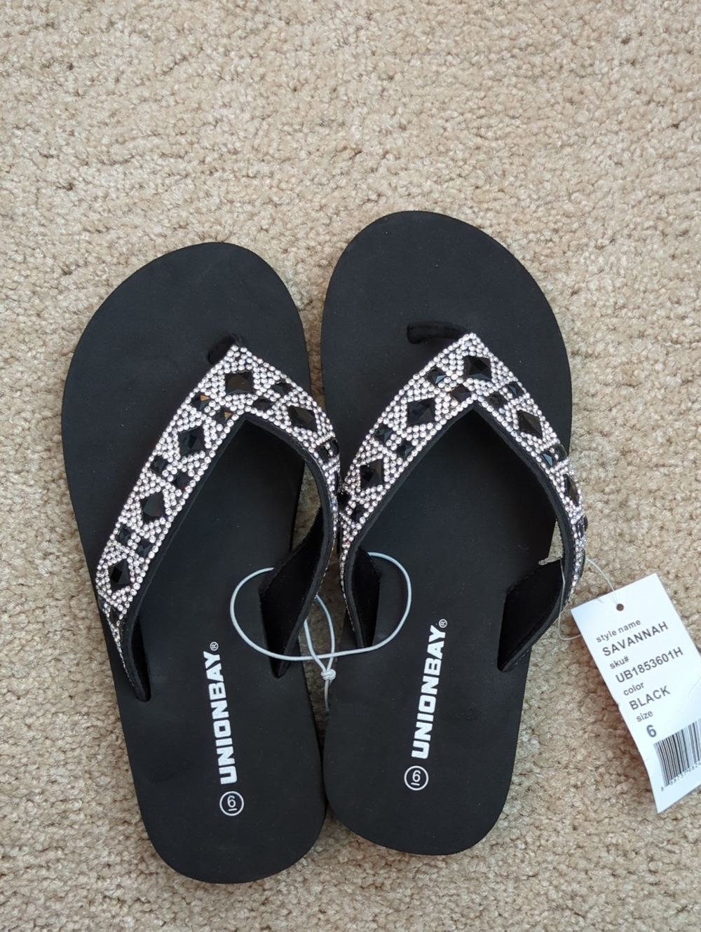 UNIONBAY Black Crystal-Embellished Women's Thong Sandals